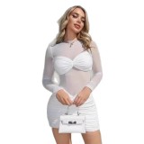 Women's White See-Through Mesh Long Sleeve Tight-Fitting Ruched Party Dress
