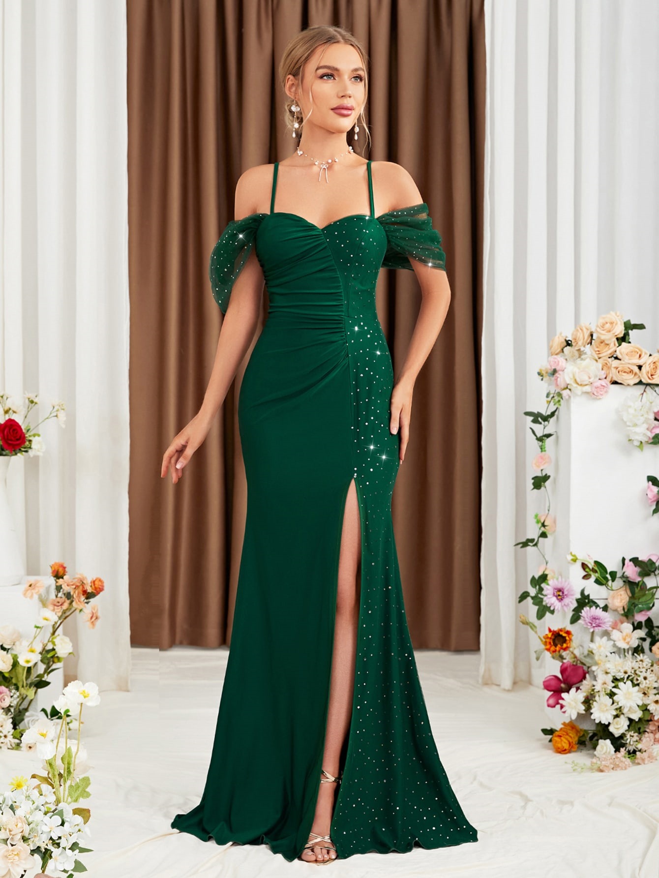 Women Off-Shoulder Slit Mermaid Evening Dress
