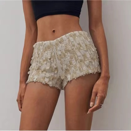 Women Beige Sequined Sexy Shorts