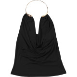 Women Sexy Metallic Halter Neck Backless Solid Tank Top