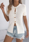 Women Spring/Summer Casual Hollow-Out Cable Knitting Top with Buttons