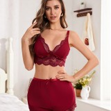 Women Sexy Lace V-Neck Suspender Top and Shorts Two-Piece Set