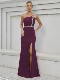 Women One-Shoulder Metallic Webbing Slit Prom Bridesmaid Evening Dress