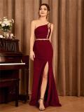 Women One-Shoulder Metallic Webbing Slit Prom Bridesmaid Evening Dress