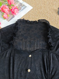 Women Long-Sleeve Faux Button Black Lace See-Through Patchwork Top
