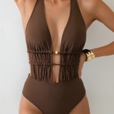 Women Bikini Solid Lace-Up One-Piece Sexy Backless Bikini One-Piece Swimwear