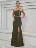 Women One-Shoulder Metallic Webbing Slit Prom Bridesmaid Evening Dress