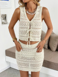 Women Spring/Summer Beach Solid Sexy Knitting Beach Bikini Cover-up Knitting Swimwear Two-Piece Set