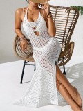 Women V-neck Backless Halter Neck Lace-up Hand Hollowed-out Side Slit Bodycon Beach Dress