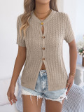 Women Spring/Summer Casual Hollow-Out Cable Knitting Top with Buttons