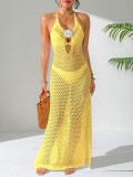 Women V-neck Backless Halter Neck Lace-up Hand Hollowed-out Side Slit Bodycon Beach Dress