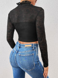 Women Long-Sleeve Faux Button Black Lace See-Through Patchwork Top