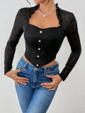 Women Long-Sleeve Faux Button Black Lace See-Through Patchwork Top