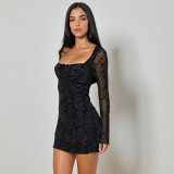 Women Sweetheart Neck See-Through Sexy Long-Sleeve Bodycon Dress