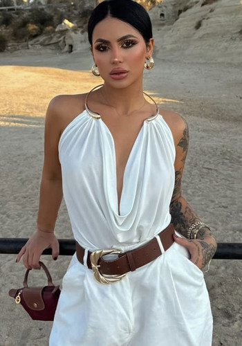 Women Sexy Metallic Halter Neck Backless Solid Tank Top