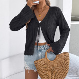 Women Spring/Summer Solid Hollow-Out Lace-Up Bell Bottom Sleeve Knitting Top