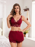 Women Sexy Lace V-Neck Suspender Top and Shorts Two-Piece Set