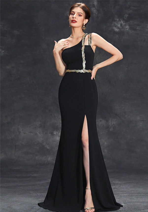 Women One-Shoulder Metallic Webbing Slit Prom Bridesmaid Evening Dress