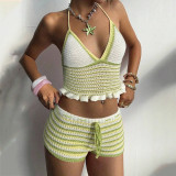 Women Solid Sexy V-Neck Beach Camisole Bikini Cover-Up Swimwear Two-Piece Set