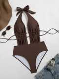 Women Bikini Solid Lace-Up One-Piece Sexy Backless Bikini One-Piece Swimwear
