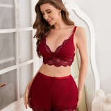Women Sexy Lace V-Neck Suspender Top and Shorts Two-Piece Set