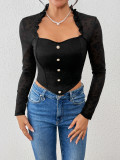 Women Long-Sleeve Faux Button Black Lace See-Through Patchwork Top