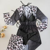 Women Sexy Bikini Beach Holidays Mesh Cover-Up Dress Bikini Three-Piece