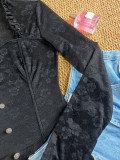 Women Long-Sleeve Faux Button Black Lace See-Through Patchwork Top