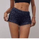 Women Blue Sexy Sequined Pearl Shimmering Bodycon Shorts