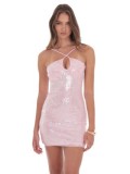 Women sexy gold sequined halter dress with tie-up detail