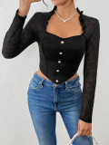 Women Long-Sleeve Faux Button Black Lace See-Through Patchwork Top