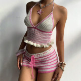 Women Solid Sexy V-Neck Beach Camisole Bikini Cover-Up Swimwear Two-Piece Set