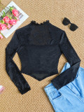 Women Long-Sleeve Faux Button Black Lace See-Through Patchwork Top