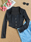 Women Long-Sleeve Faux Button Black Lace See-Through Patchwork Top