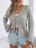 Women Spring/Summer Solid Hollow-Out Lace-Up Bell Bottom Sleeve Knitting Top