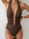Women Bikini Solid Lace-Up One-Piece Sexy Backless Bikini One-Piece Swimwear