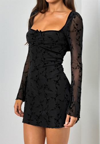 Women Sweetheart Neck See-Through Sexy Long-Sleeve Bodycon Dress