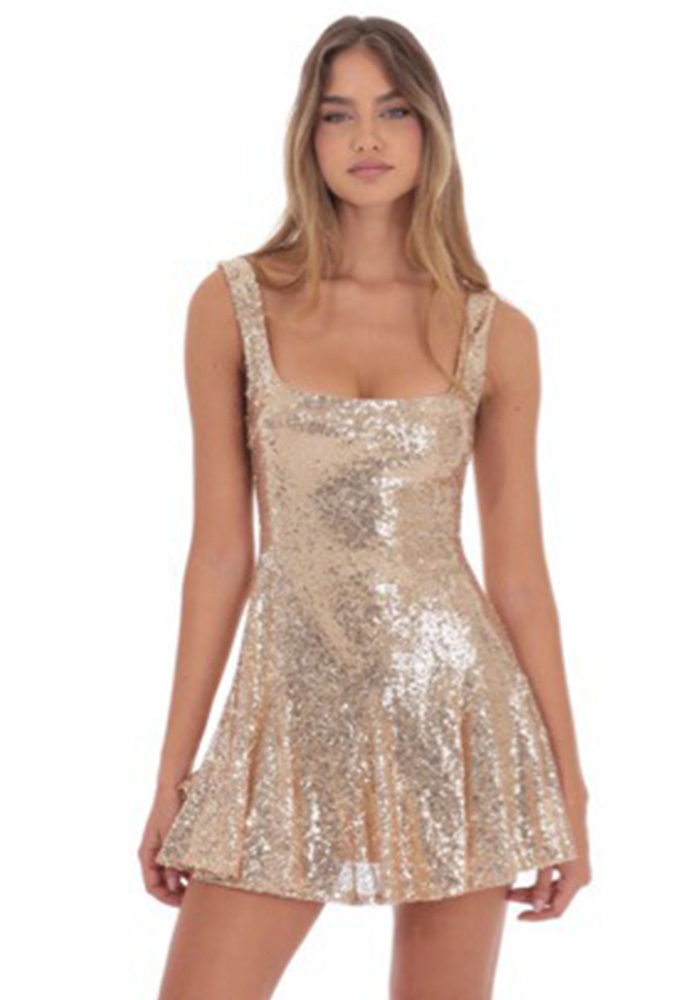 Women Sequined Sexy Backless Prom Strap Dress