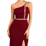 Women One-Shoulder Metallic Webbing Slit Prom Bridesmaid Evening Dress