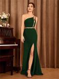 Women One-Shoulder Metallic Webbing Slit Prom Bridesmaid Evening Dress
