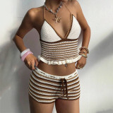 Women Solid Sexy V-Neck Beach Camisole Bikini Cover-Up Swimwear Two-Piece Set