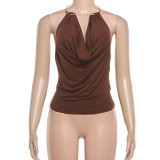 Women Sexy Metallic Halter Neck Backless Solid Tank Top