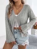 Women Spring/Summer Solid Hollow-Out Lace-Up Bell Bottom Sleeve Knitting Top