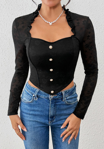 Women Long-Sleeve Faux Button Black Lace See-Through Patchwork Top