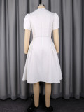 Women Hollow-Out Beaded Puff Sleeve Pleated Dress