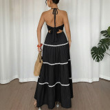 Women Halter Neck Patchwork Lace Strap Maxi Dress