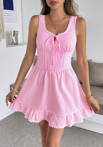 Women Sleeveless Holidays Lace Bow Plaid Dress