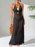 Women V-neck Backless Halter Neck Lace-up Hand Hollowed-out Side Slit Bodycon Beach Dress