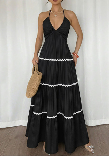 Women Halter Neck Patchwork Lace Strap Maxi Dress