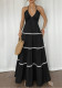 Women Halter Neck Patchwork Lace Strap Maxi Dress